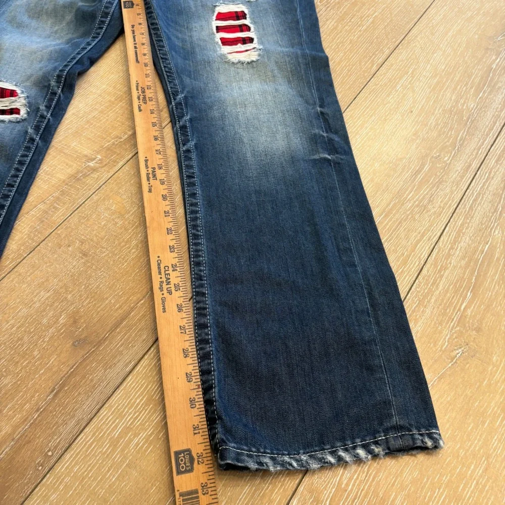 True Religion Geno Mens 38 Distressed Plaid Patch Relaxed Slim Straight Jeans